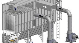Tredimensjonal modell av et stort industrielt støvavsugssystem.