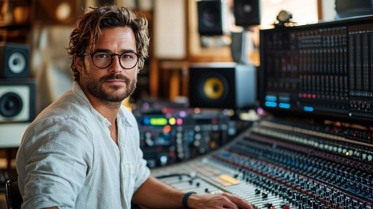 Lydtekniker ved miksepult i et musikkstudio med skjermer og høyttalere
